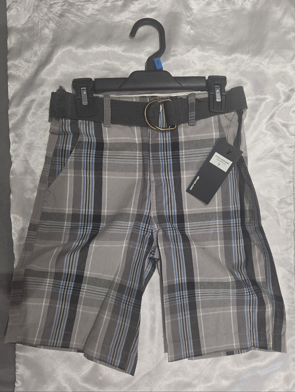 Gray Plaid Boy's Shorts with Blue Stripe - Casual Summer Wear